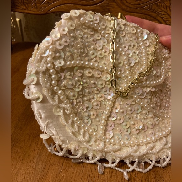 White Vintage Sequin Beaded Small Clutch Purse - Damage - Picture 4 of 17